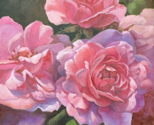 a painting of 3 pink roses